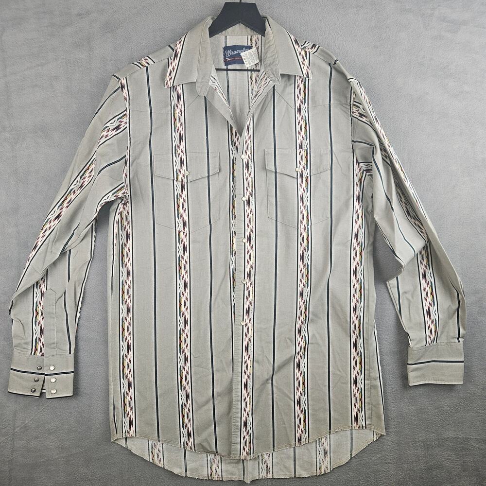 Wrangler Western Aztec‎ Stripe Snap Shirt Gray Cotton 90s Vintage Cowboy Size LT